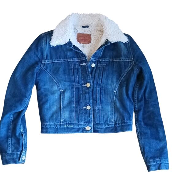 LEVI'S Denim Jacket Sherpa Woman's Sz XS Blue Short Cropped Fleece Jean Western - Picture 13 of 16